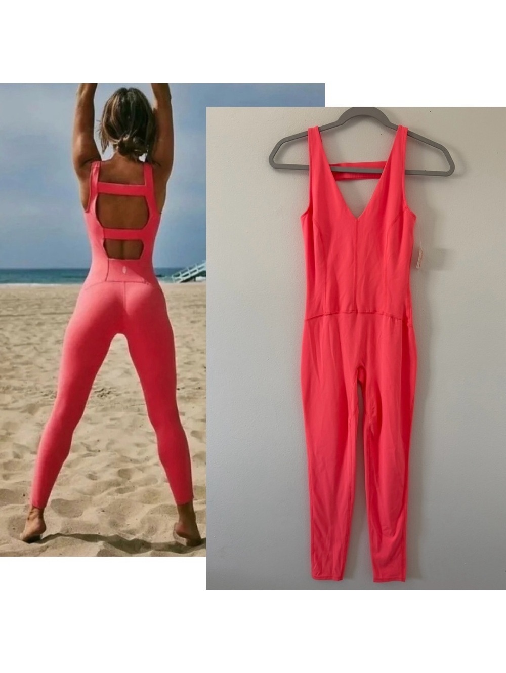 NWT- Free People FP Movement Never Better Strappy Back bodycon Jumpsuit Coral xs